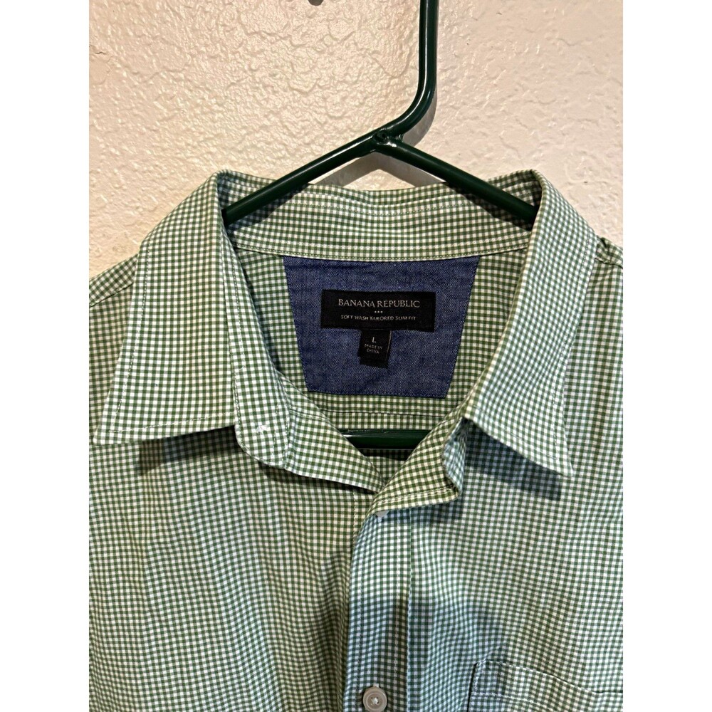 Banana Republic Slim Fit Green/White Gingham Woven Cotton Button-Up L/S L
